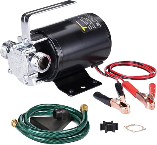 Trupow DC 12-Volt 1/10HP 330GPH Battery Powered Mini Portable Electric Utility Sump Transfer Water Pump with Water Hose Kit Black…