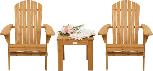 VINGLI Folding Wooden Adirondack Chair Set of 2 and Table Set, Fire Pit Seating Ergonomic Design, Folding Outdoor Patio Lounger Armchair Lawn Chairs Furniture w/Natural Finish, for Beach, Balcony