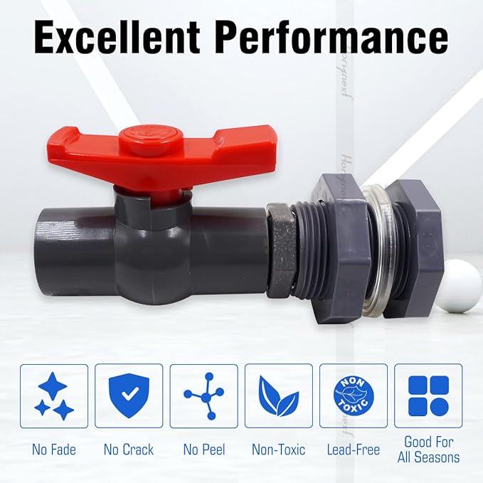 rain Barrel Spigot 1 inch PVC Bulkhead Adapter 1" I.D. Female Thread Red Switch Valve Garden kit, for 5/2.5/50/55/100 Gallon Water Tank rainwater stock