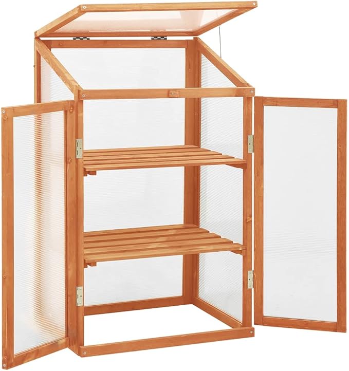 Firwood Garden Greenhouse Wooden Cold Frame Greenhouse Flower Planter with 2 Shelves and Doors Outdoor Indoor Planter Box 23.6"x17.7"x39.4"
