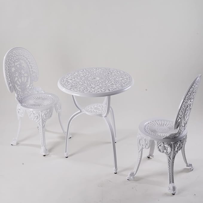 KAILI Patio Bistro Sets 3 Piece cast Aluminum Patio Furniture Outdoor Garden Metal Rust Proof Tables and Chairs White bisrto Set (Crown-White)