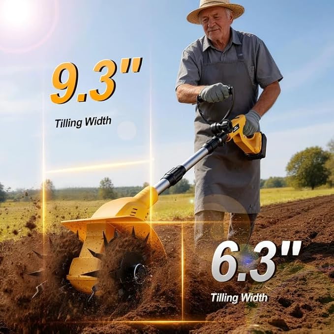 Garden Cordless Tiller Cultivator Compatible with Dewalt 20V Battery: 330RPM 48 Steel Tines - 9.3In Tilling Width and 6.3In Depth Garden Rototiller for Lawn/Soil Cultivation (Tool Only NO Battery)