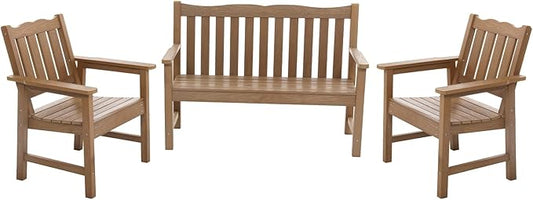 Stoog All-Weather Garden Bench & Chairs Set, 3-Piece Patio Furniture Set, Include 2 Outdoor Chairs and 1 Outdoor Bench, Teak