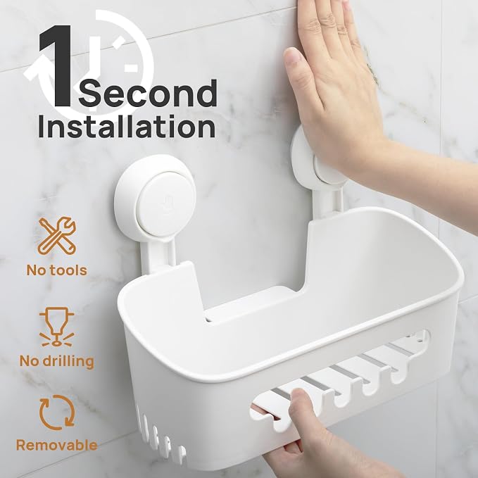 LEVERLOC Shower Caddy Suction Cup, Shower Organizer Removable Bathroom Shelf, Storage Suction Powerful Max Hold 22lbs Bathroom Caddy Waterproof Holder, White