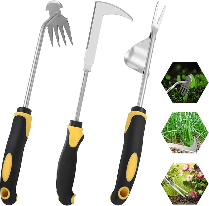 2026 New 3Pcs Hand Weeder Tool, Rubber Handle Weed Remover Tool, L-Shaped Weeding Tool, Manual Weeder, 4 Teeth Weeding Tool, Planting and Weeding for Garden, Patio