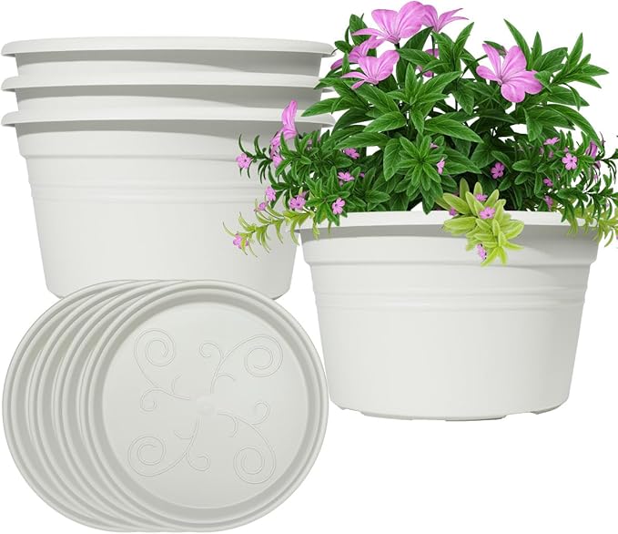 VIDELLY 10 Inch Flower Pots 4-Pack, Plastic Planters with Drainage Hole & Tray, Indoor Outdoor Plant Pots for House Plants, Garden, Patio, Office, Home Decor – Modern Decorative Plant Containers