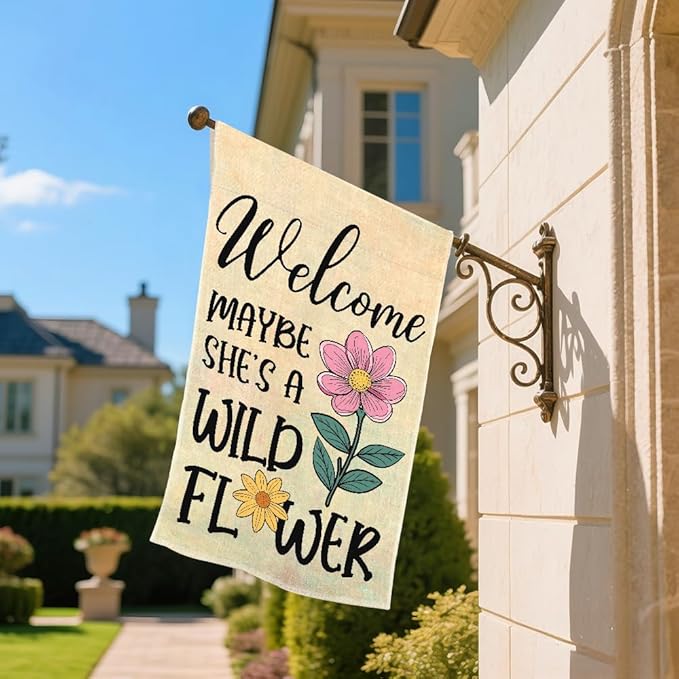 Welcome Maybe She's A Wild Flower Garden Flags for Outside, Boho Floral Welcome Garden Flag for Botanical Lover, Wildflower Yard Flag for Nature Lover, Inspirational Quote Lawn Porch Décor