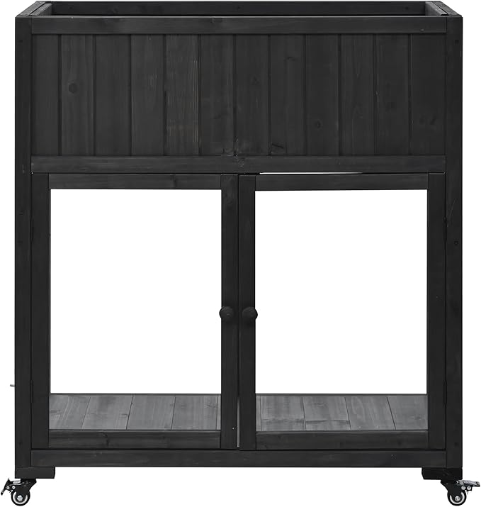 Merax 35.4''x17.7''x37.4'' Raised Garden Bed, Compact 2 Doors Garden Greenhouse with Wheels, Mini Wood Cold Frame Planter Box Stand for Backyard, Patio, Balcony w/Bed Liner,Black
