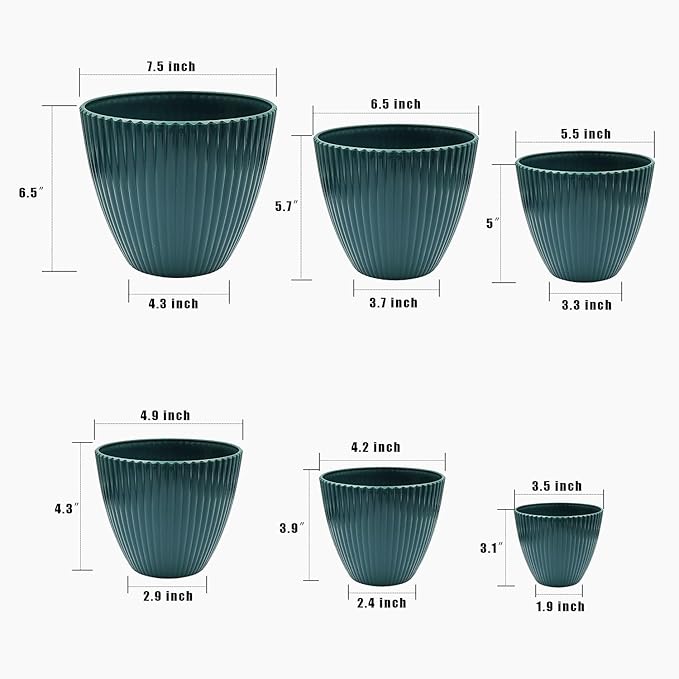 RooTrimmer 7.5/6.5/5.5/4.9/4.2/3.5 Inch Plant Pots with Saucers & Drain Holes - Indoor/Outdoor Flower Pots for Succulents, Herbs, Cactus - Modern Lightweight Durable Planter Set, Dark Green