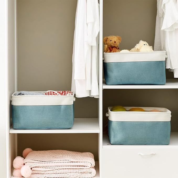TheWarmHome Fabric Storage Bin with Handles,Storage Basket for Home Storage and Organization, Shelf Basket with Cover for Living Room Bedroom Closet（White & Green Large,15.7L*11.8W*8.3H