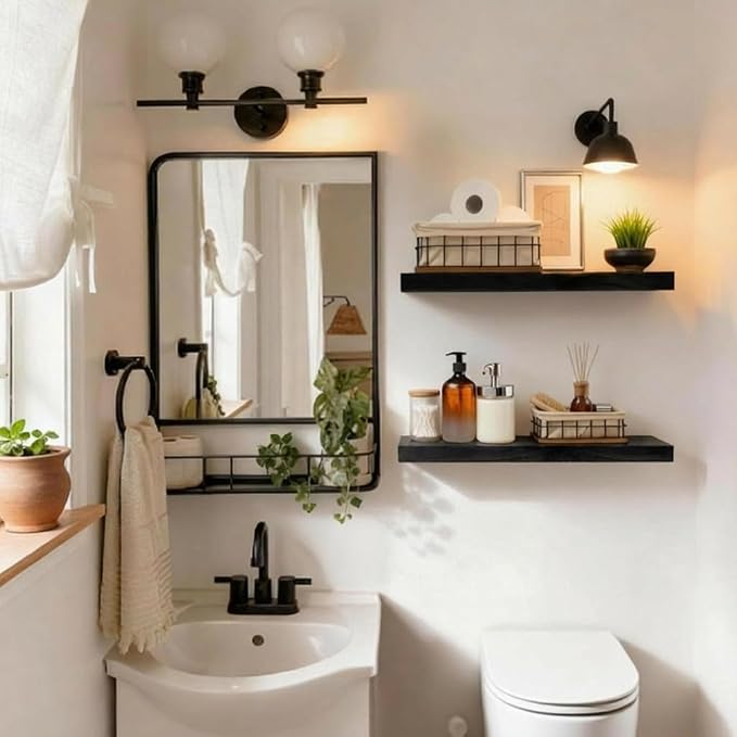 IAE Floating Wall Shelves 16 inch,Bathroom Shelving Wall Mounted,Black | Invisible Shelf Floating Kitchen Shelves, Wooden wall Shelf with Brackets for Living Room wall Mounted,Easy Install,Set of 2