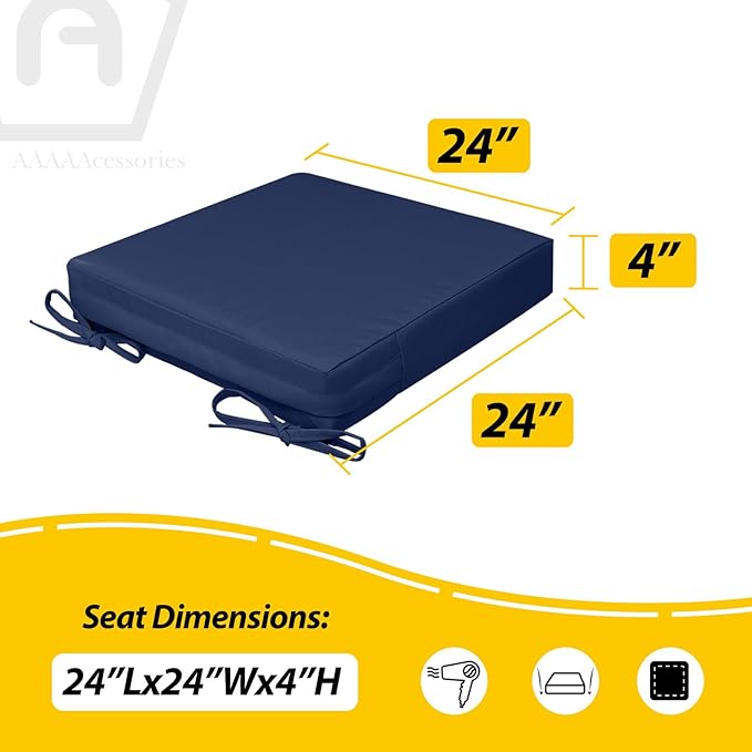 AAAAAcessories Outdoor Seat Cushions for Chairs, Waterproof, Fade-Resistant, 24" x 24" x 4", Patio Furniture Replacement Cushions, Set of 2, Navy Blue