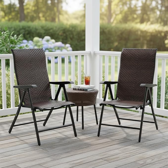 Tangkula Foldable Patio Wicker Dining Chairs Set of 2, Portable High Back Outdoor Wicker Chair with 5-Level Adjustable Backrest, No Assembly Reclining Chairs for Porch Deck Garden Balcony
