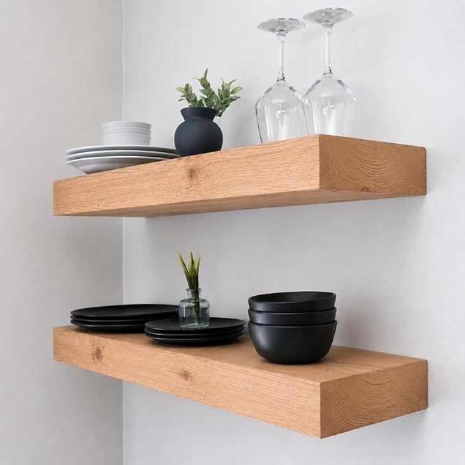 Urbandi Modern Floating Shelves 3 Inches Thick for Wall, Wide Shelves for Kitchen, Living Room, Bedroom, and Bathroom, Natural Pine Wood, Rustic Wooden Shelf, (Set of 2) (Aged Oak, 24Lx3Hx8D)