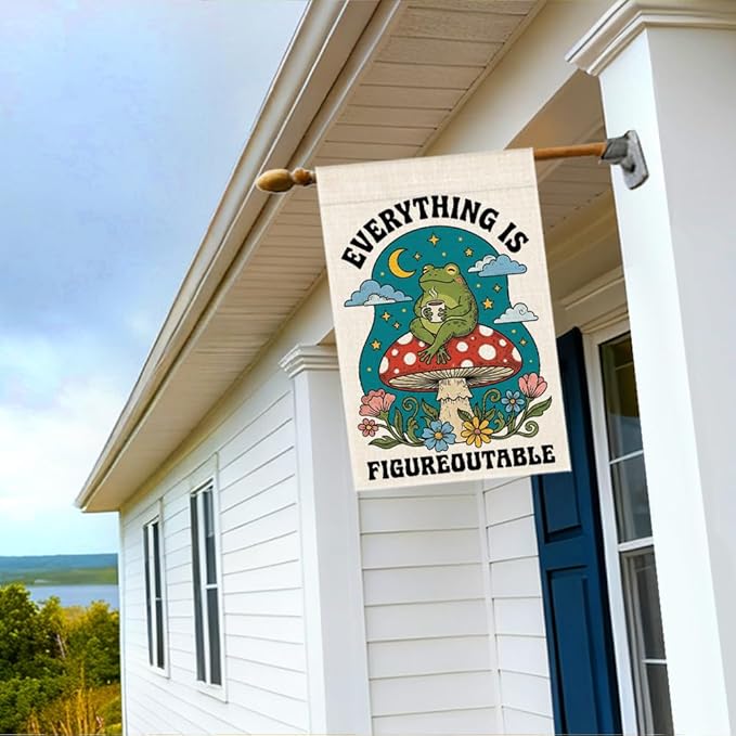 RZHV Everything is Figureoutable Double-Sided Summer Garden Flag for Outdoor House Yard Sign Garden Decor Parade, Mushrooms Frog Vertical Yard Sign, Housewarming Gifts for Frog Lover Friends Neighbor
