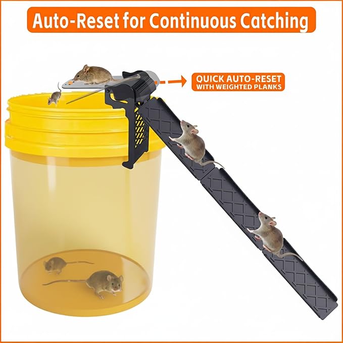 Walk The Plank Mouse Traps for 5 Gallon Bucket, Auto Reset 2 Pack | Continuous multi-catch system with instant auto-reset plank, high sensitivity trigger, fits standard 5-gallon