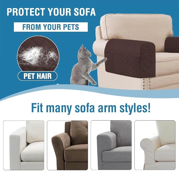 2 Pack Water Resistant Armrest Covers for Chairs and Sofas Couch Arm Covers for Sofa with 3 Pockets for Phone Sofa Arm Protector for Pets, Cats (Brown)