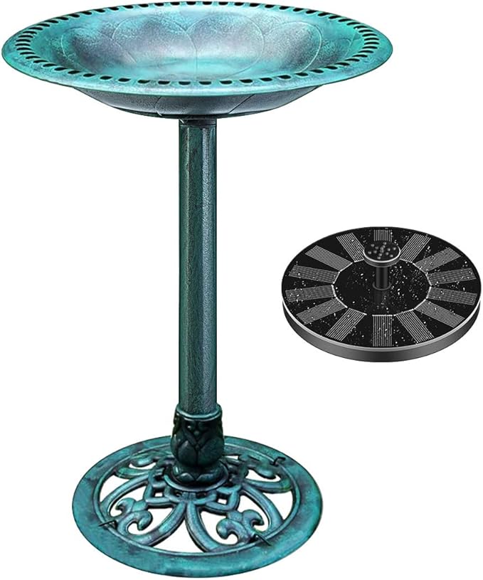 VIVOHOME Bird Bath with Solar Fountain for Outside, Polyresin Pedestal Bird Baths with Solar Powered Pump for Outdoor, Garden, Weather-Resistant Birdbaths with 20" Bowl, Green