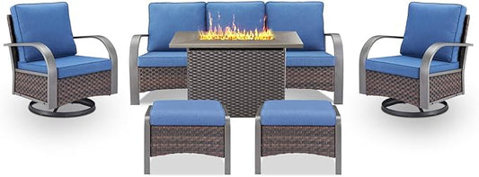 Belord Patio Furniture Set with Fire Pit Table - 50000 BTU Propane Fire Pit, 6 Piece Outdoor Conversation Furniture Sets with 2 Swivel Rocker Chair Rattan Sofa Perfect for Casual Gathering