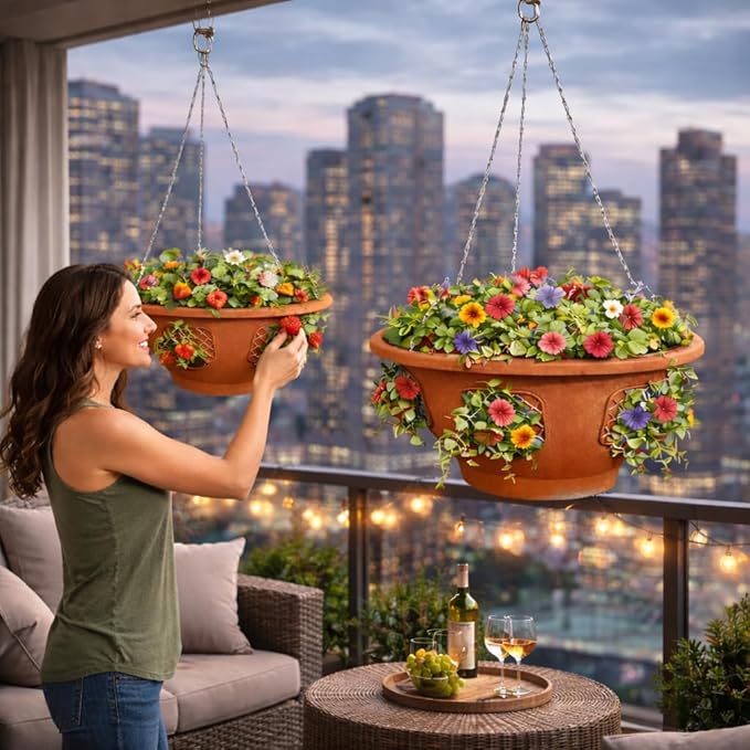 Ultimate Hanging Baskets - Strawberry, Tomato, Flower, and Herb Outdoor Planters - Use Garden Pots for Growing Plants Outside On A Deck, Fence, or Balcony (10, Terracotta)