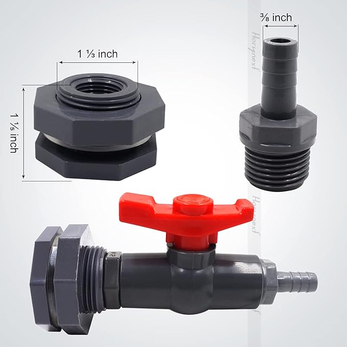 rain barrel spigot kit within 3/4 inch pvc bulkhead adapter 3/4" valve 3/8" plastic barb fitting, for 5/2.5/50/55/100 gallon water tank garden bucket outdoor rainwater collection