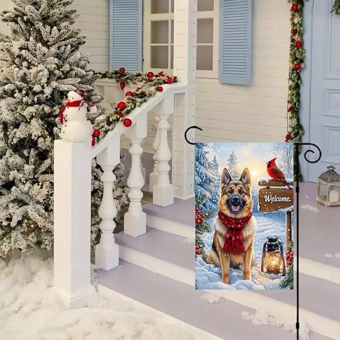 Welcome Winter Garden Flags 12x18 Double Sided, Small Burlap Holiday Snow German Shepherd Dog Garden Flag Winter Christmas Outdoor Yard Decorations Porch Lawn Flags for Outside