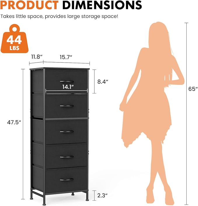 Sweetcrispy Black Storage Drawer Bedroom Dresser, Tall Dresser for Closet