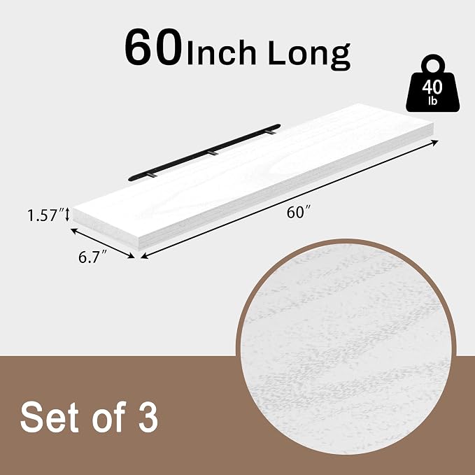 60 Inch Floating Shelves for Wall, Set of 3 | Wood Wall Mounted Shelves with Invisible Brackets, Rustic Farmhouse Long Shelf for Bedroom Living Room Kitchen (White)