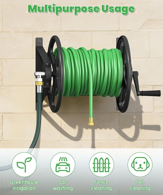 Garden Hose Reel Wall Mounted, Heavy-Duty Water Hose Holder Winder with 3.9 ft Leader Hose & Brass Fitting, Hose Hanger Storage Rack Holds 125-Feet of, 5/8-Inch, for Yard Lawn Farm, Black