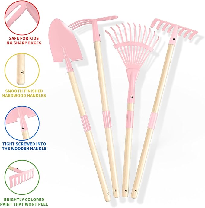 Qtioucp Kids Wheelbarrow Set with Gardening Tools Outdoor Backyard Garden Play for Toddlers Boys Girls 3-8, with Shovel, Rake, Leaf Rake, Easter Birthday Gifts (Pink Garden Set)