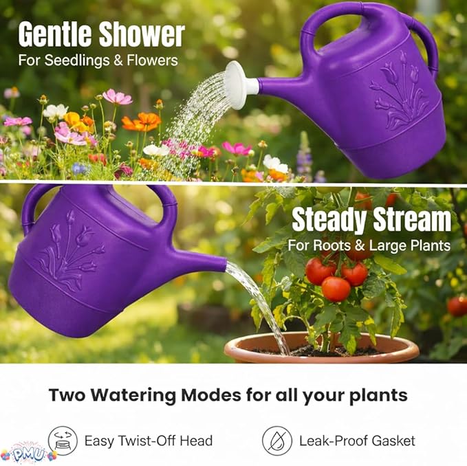 PMU 2 Gallon Watering Can - Garden Watering Can for Indoor & Outdoor Plants - Plastic Water Can with Detachable Sprinkler Head - Large Water Pot, Made in USA - Purple Pkg/3