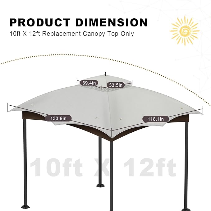 10x12 Gazebo Replacement Canopy Top Cover,Outdoor Double Tier Waterproof Canopy Roof for Lowe's Allen Roth Gazebo #GF-12S004B-1（Gray）