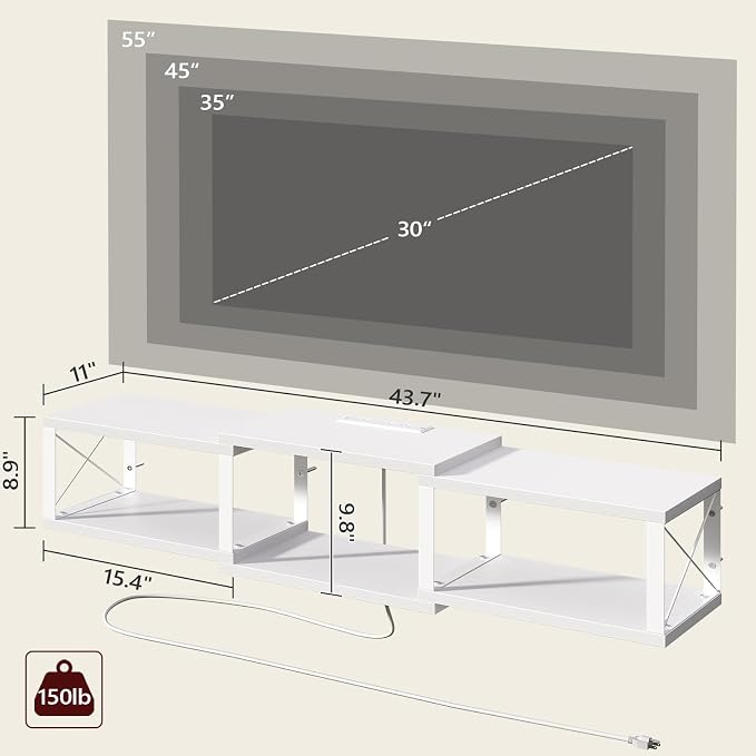 MAHANCRIS 43.7” Floating TV Stand with Power Outlet, Wall-Mounted Entertainment Center, Floating Metal Frame Media Console Shelf for Under TV Storage, for Living Room, Bedroom, White TVBW101E01