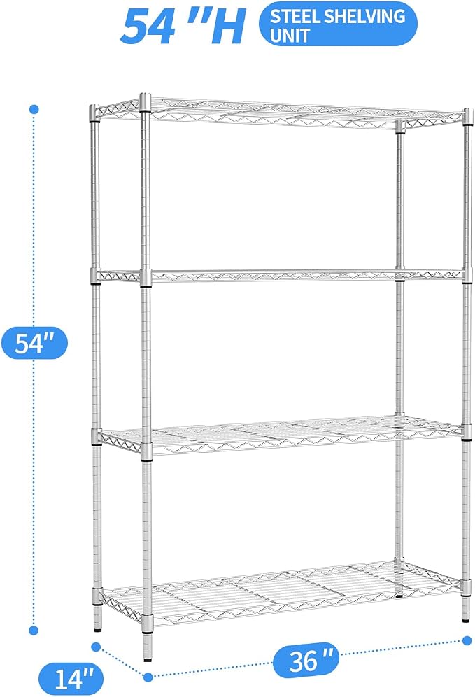 BestOffice | 4-Tier Wire Shelf | 36" x 14" x 54" | Chrome