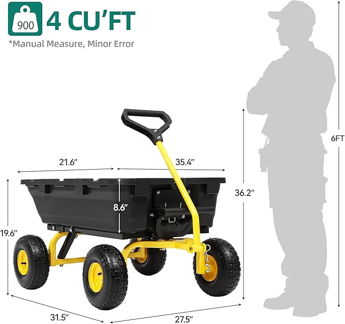 Autodaya 900LB Garden Dump Cart, 2026 Upgraded Heavy Duty Wheelbarrow Cart with 10" Non-Slip Pneumatic Tires & Quick-Release System, 4-Wheel Steel Frame Wagon for Transportation in Yard, Farm, Garden