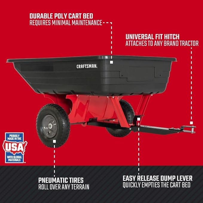 Craftsman CMXGZBF7124489 350 lb Load Capacity, Tow Behind Poly Dump/Swivel Cart, 10 CU FT Capacity; Lawn & Garden Cart/Trailer for Lawn Mowers, Easy to Use Hand Dumping Mechanism