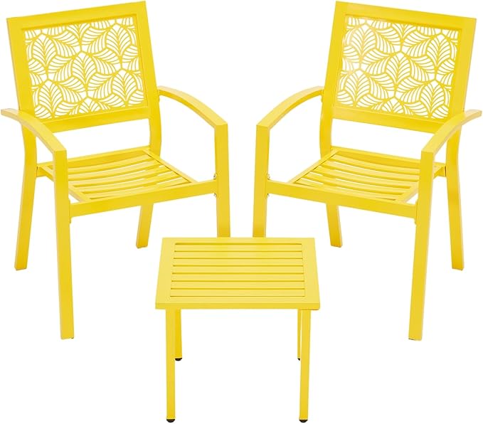 BUPPLEE 3 Piece Patio Bistro Set, Outdoor Steel Furniture Set, Stackable Modern Conversation Sets for Balcony Garden Deck Patio w/2 Chairs 1 Table, Yellow