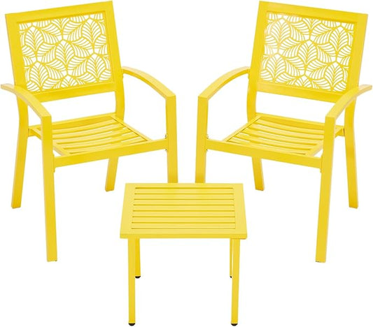 BUPPLEE 3 Piece Patio Bistro Set, Outdoor Steel Furniture Set, Stackable Modern Conversation Sets for Balcony Garden Deck Patio w/2 Chairs 1 Table, Yellow