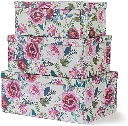 Soul & Lane - Floral Luxe Decorative Storage Boxes with Lids, Set of 3 | Large and Medium Nesting Cardboard Keepsake Boxes for Memories and Gifts, Pink Flower Containers for Home Decor