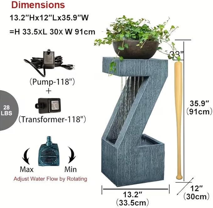 32" Modern Z-Shaped Rain Curtain Outdoor Fountain with LED Lights, Gray Resin Cascading Waterfall Water Feature for Patio, Backyard, Garden or Porch