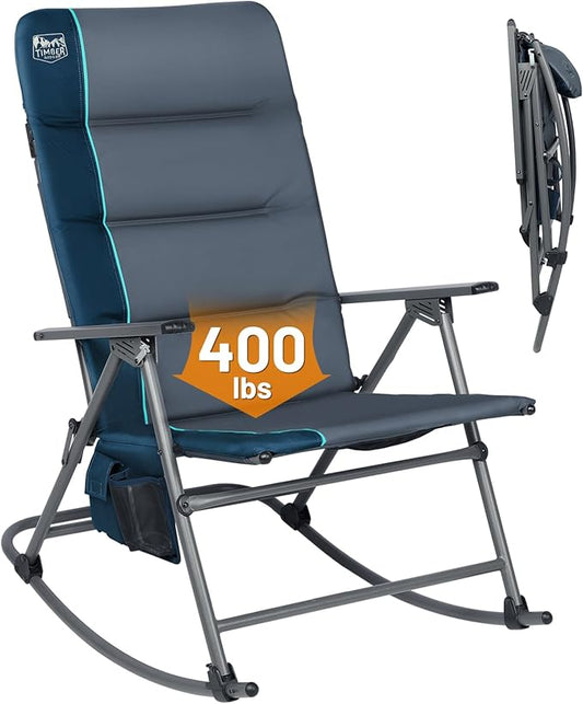 Timber Ridge Oversized Folding Rocking Camping Chair, Padded Outdoor Rocker with High Back, Portable Outdoor Chair for Patio, Garden, Lawn, Supports up to 400 lbs, Blue