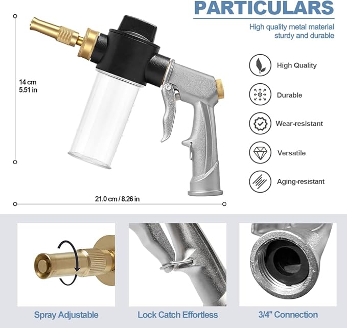 High Pressure Garden Hose Nozzle with Soap Dispenser, Heavy Duty Foam Gun Car Wash Sprayer, Adjustable Nozzle for Gardening, Solar Panel Cleaning, Pet Showering (Silver)