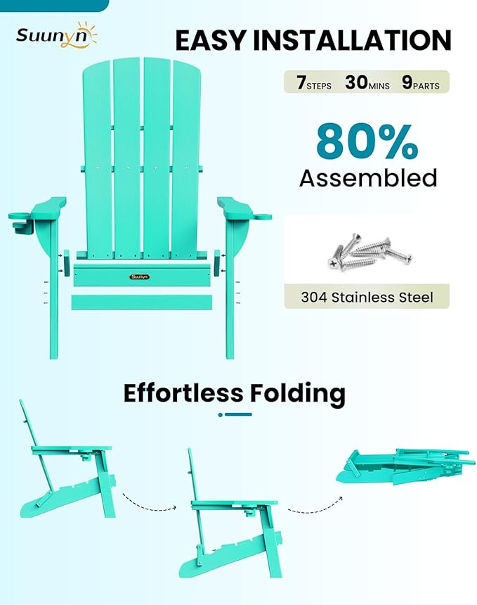 Folding Adirondack Chair, HDPE All-Weather Fire Pit Chairs, Plastic Adirondack Chairs with 2 Cup Holder, Outdoor Lawn Chair for Patio Garden (Lake Blue)