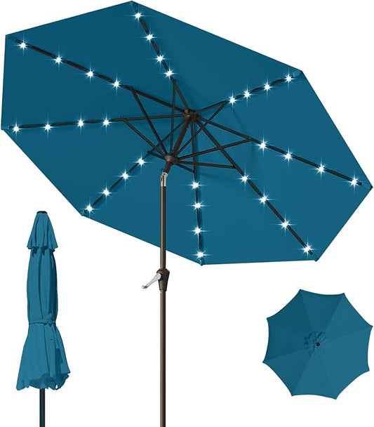 9FT Patio Umbrella with Solar Lights,Outdoor Market Umbrella with Tilt and Crank, LED Lighted Table Umbrella for Garden,Deck,Backyard,Pool,Beach