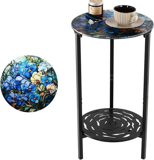 2-Tier Metal Round Side Table Black Accent Coffee Tables Small Space Corner Plant Stand Shelf for Indoor Outdoor Use Patio Balcony End Table Floral Print Weather-Resistant
