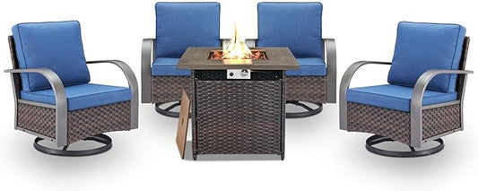Belord 5 Pieces Patio Furniture Set with Fire Pit Table - 4 Outdoor Swivel Rocker Chairs with 50000 BTU Propane Fire Pit Table, Patio Conversation Sets for Outside Backyard Patio Casual Gathering