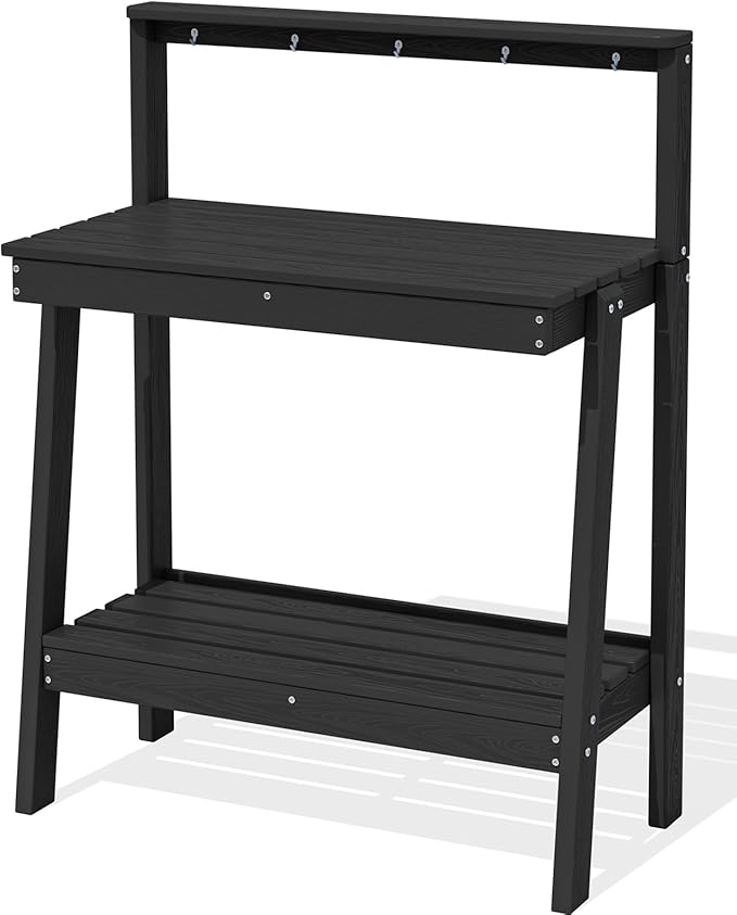 SERWALL Potting Bench Outdoor with Storage, 3-Tier HDPE Gardening Table with Angled Legs & Tool Hooks, All-Weather Heavy Duty Potting Table for Patio, Backyard, Garden, Black