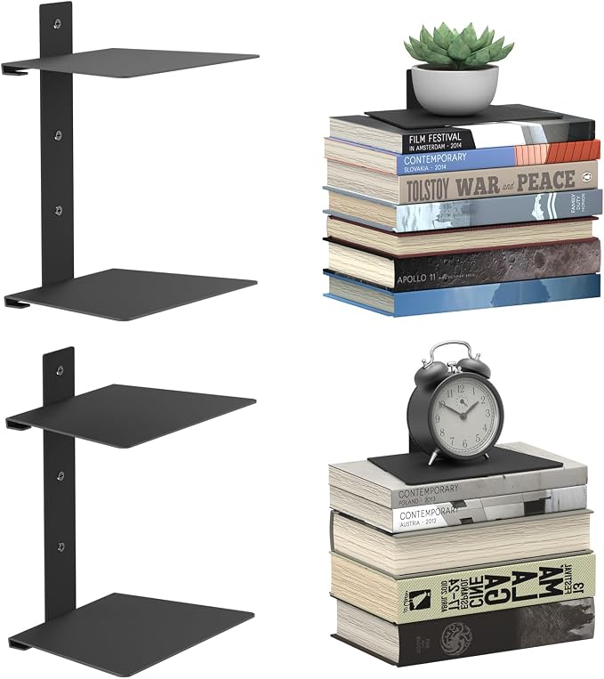 Mefirt 4 Tier Black Invisible Floating Bookshelves for Wall | Vertical Spine Book Tower, Heavy Duty Floating Book Shelves Metal Book Organizers for Home Office, 2 Pack