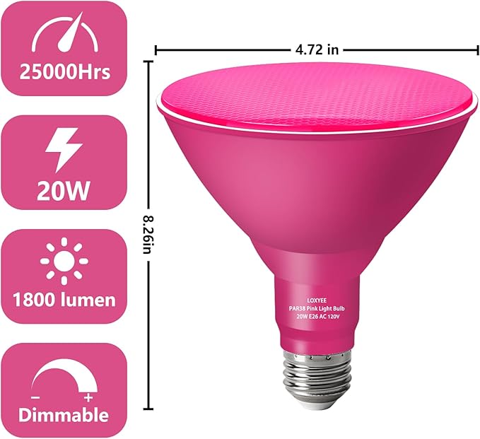 PAR38 Flood Pink Light Bulbs,2 Pack Dimmable,E26 Base Pink Flood Light Outoor(20W Replace to 200W),Halloween Light Bulb for Outside,Christmas,Holiday Lighting