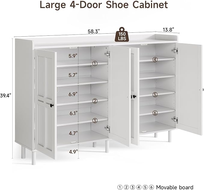 ONBRILL Extra Large Shoe Cabinet with 4 Doors & 6 Adjustable Shelves(White)